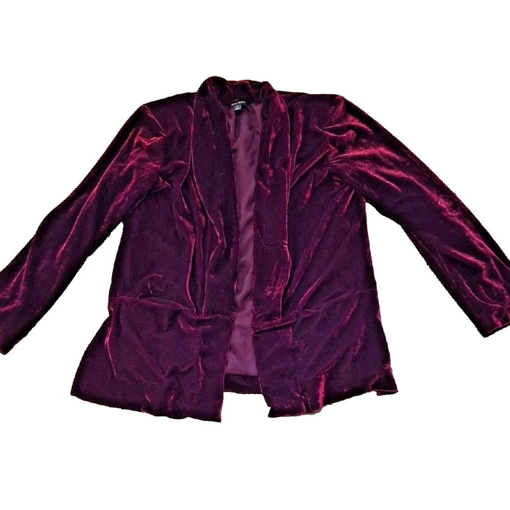 Well Worn Brand Maroon Velvet Blazer Jacket Small S Open Front Dark Burgundy